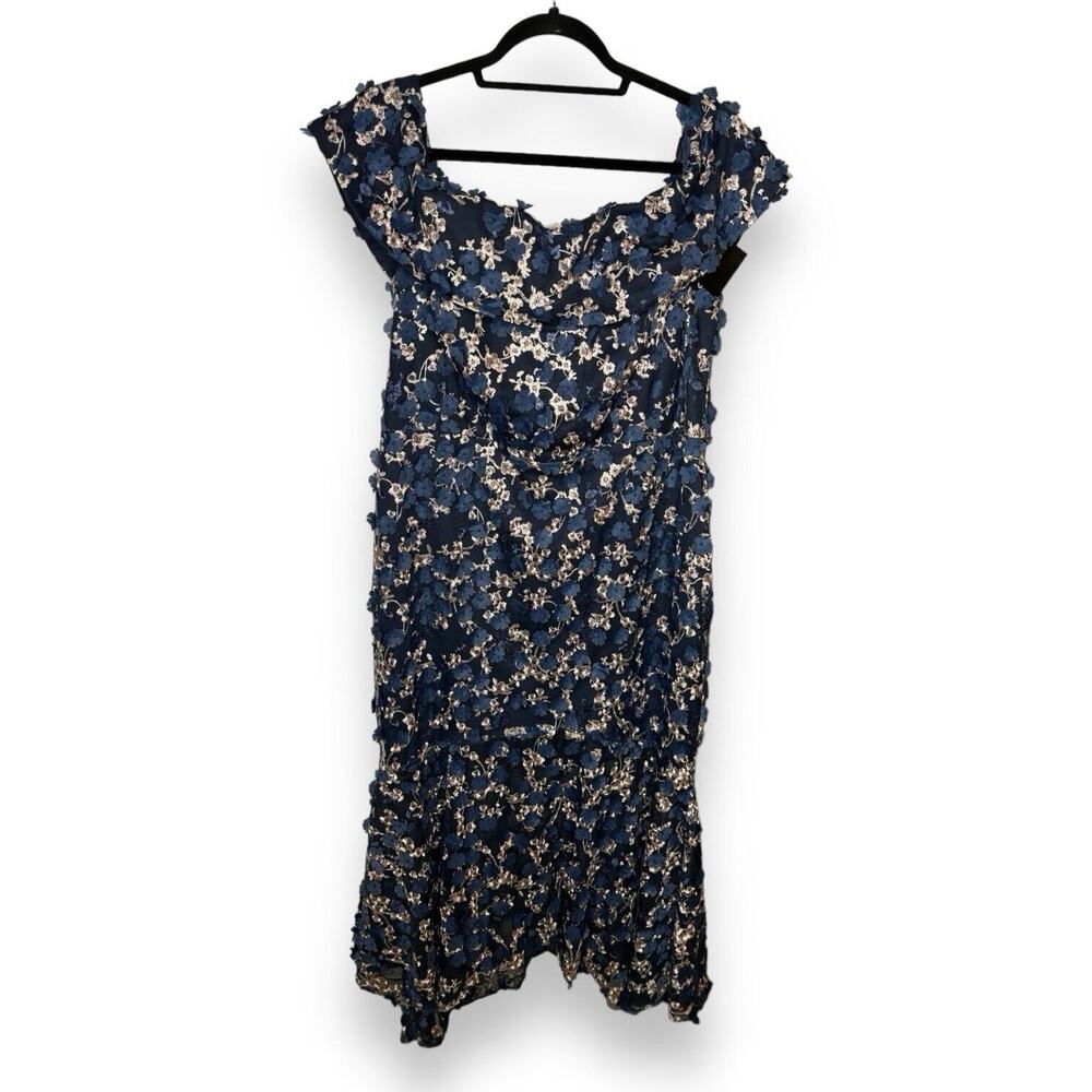 Xscape Women's 14W BRYNLEE Off The Shoulder Blue Raise Flower Evening Midi Dress - Picture 5 of 16